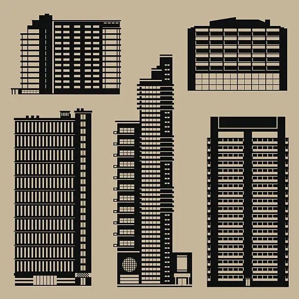 Vector illustration of Buildings set with skyscrapers and hotels