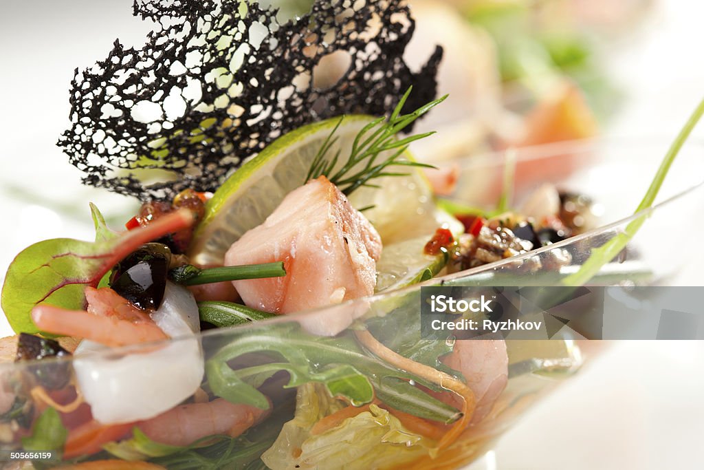 Buffet Salad Buffet Seafood Salad on White Dish Appetizer Stock Photo