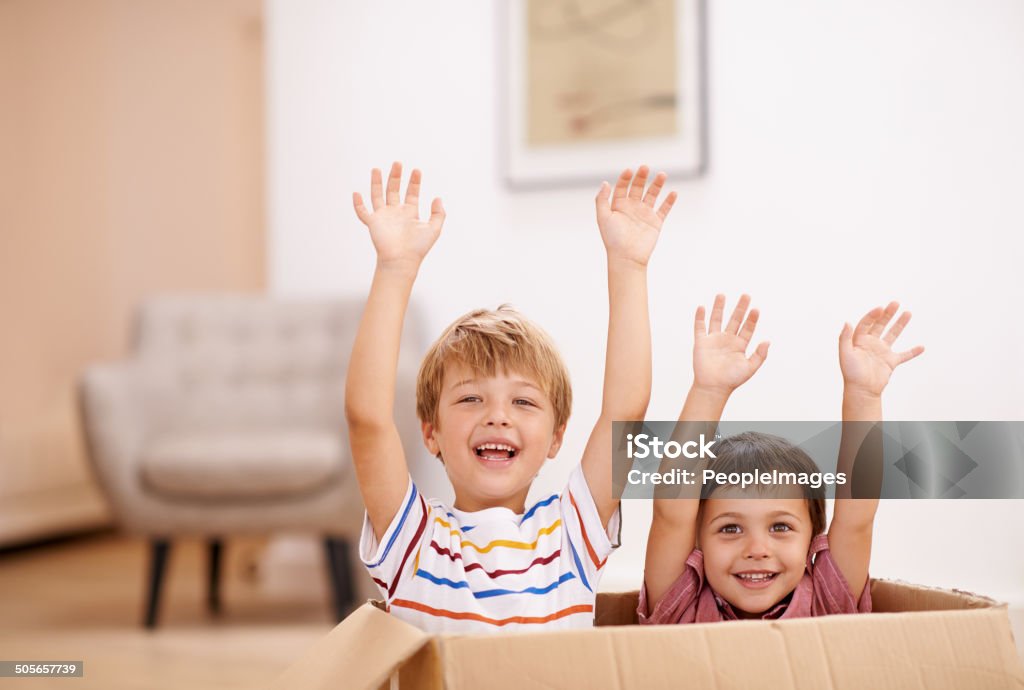 Let's give mom the best present Two young brothers raising their arms as they jump out of a cardboard box Hand Raised Stock Photo