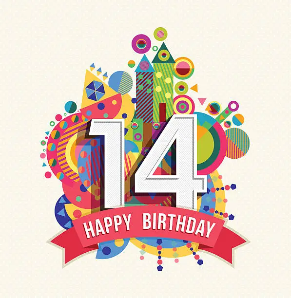 Vector illustration of Happy birthday 14 year greeting card poster color