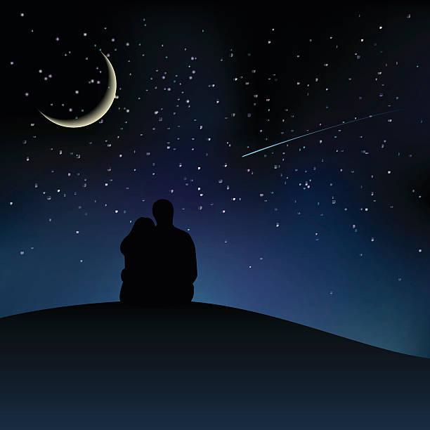istock Black couple silhouettes sitting on the hill and watching starry 505663688