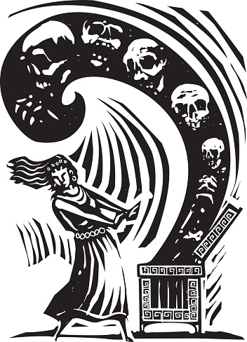 Woodcut style expressionist image of the Greek Myth of Pandora opening the box of the world's ills