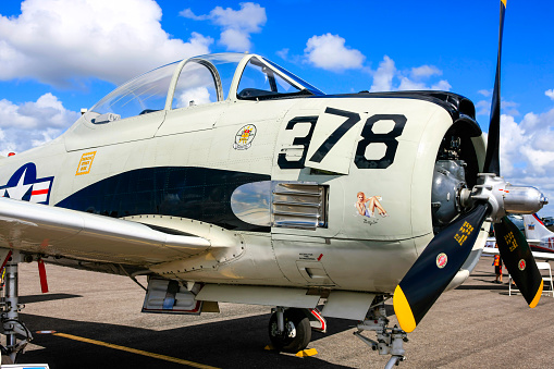 Fort Myers, FL, USA - November 7th, 2015: North American T-28 Trojan 1950s US Navy piston-engined trainer plane at the Fort Myers Page Field aiport open day