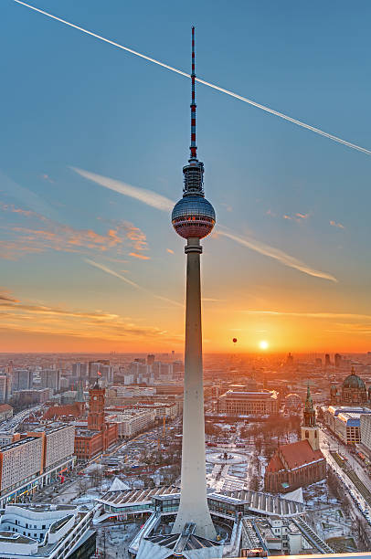 The Television tower in Berlin The Television tower in Berlin at sunset sendemast stock pictures, royalty-free photos & images