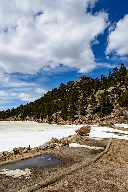 замороженные lily озеро в национальный парк роки-маунтин - cold lake frozen estes park стоковые фото и изображения