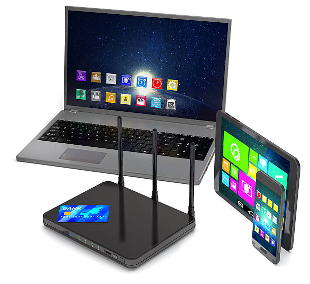 istock Router, laptop, smartphone, tablet and credit card. 505672416