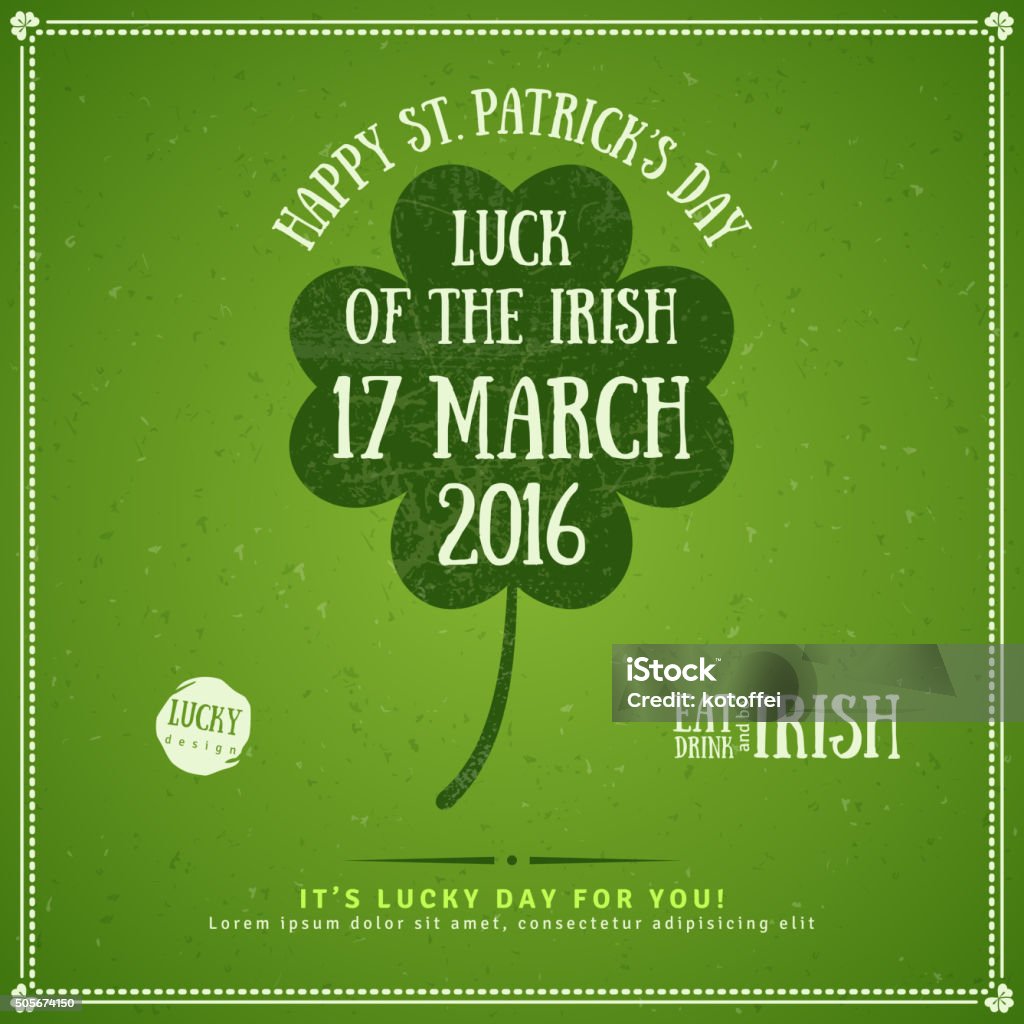 Party Invitation with Four Leaf Clover Emblem Happy St. Patrick's Day Greeting Card or Flyer. Vector illustration. Party Invitation Design with Four Leaf Clover Emblem. Typographic Template for Text. Textured Retro Backdrop St. Patrick's Day stock vector