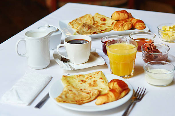 istock Breakfast withorange juice, pastry, pancakes and coffee 505683362