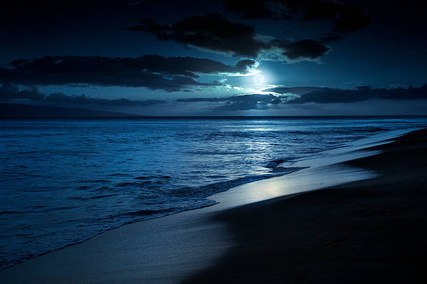 静かなハワイのビーチからマウイの月明かりに照らされた - 打ち寄せる波 ストックフォトと画像