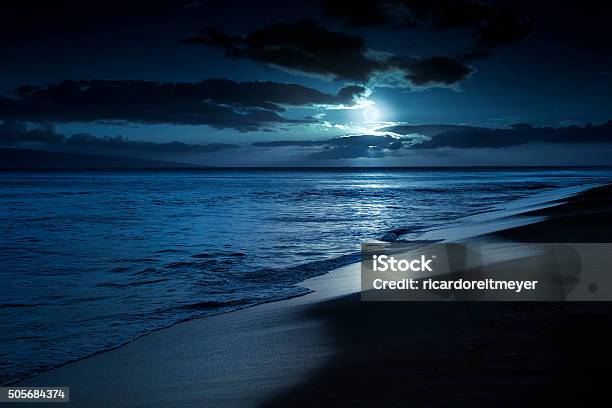 Quiet Moonlit Beach In Maui Hawaii Stock Photo - Download Image Now - Night, Beach, Moon
