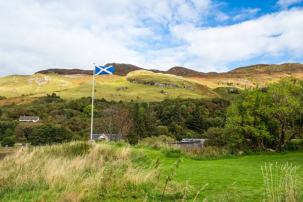 Scottish flag waving in the wind near Eilean Donan castle