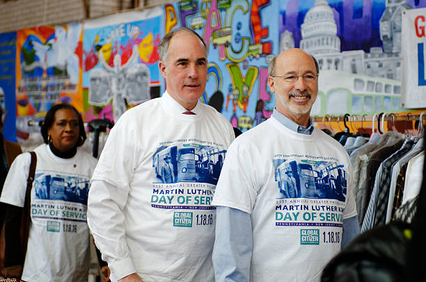 Governor Wolf, Senator Casey particpate in MLK Day of Service Philadelphia, PA, USA - January 18, 2016; Sen. bob Casey and Gov. Thom Wolf participate in the 21st Annual Martin Luther King Day of Service, in Philadelphia, PA. martin luther king jr day stock pictures, royalty-free photos & images