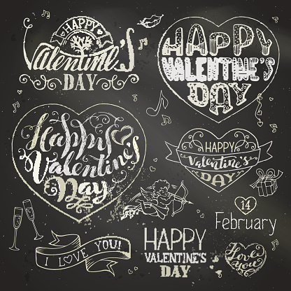 Vector set of chalk hand-written love phrases, greetings cards, badges and labels, symbols, typography vector elements. Sketch chalk design elements on blackboard background.
