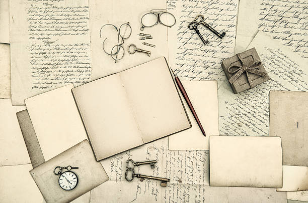 istock Vintage office accessories, book, handwritten letters 505692782