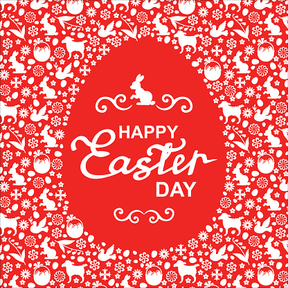 Easter greeting egg card on red background