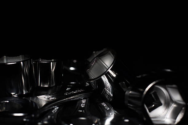 istock Set of chrome wrenches on black background. Close up. 505695214