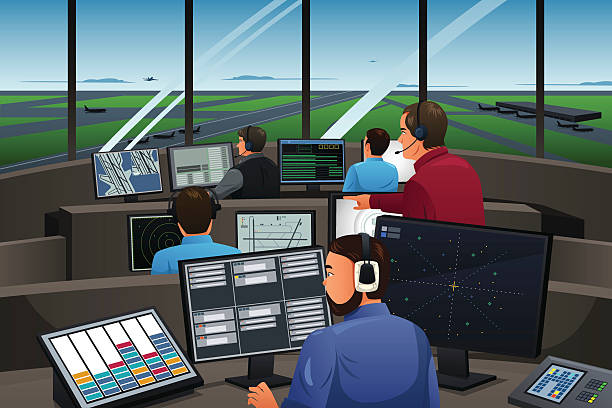 ilustraciones, imágenes clip art, dibujos animados e iconos de stock de operador de tráfico aéreo en el aeropuerto de trabajo - air traffic control tower