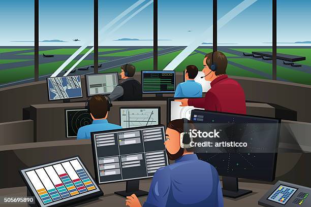 Air Traffic Controller Working In The Airport Stock Illustration - Download Image Now - Air Traffic Controller, Air Traffic Control Tower, People