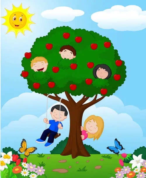 Vector illustration of Cartoon children playing on apple tree