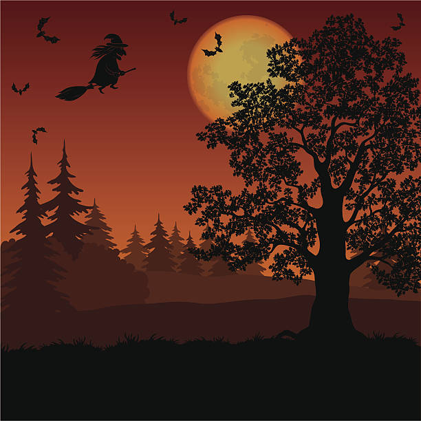 ハロウィーンの景観、魔女と木々 - bat moon outdoors nature点のイラスト素材／クリップアート素材／マンガ素材／アイコン素材