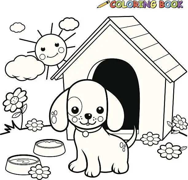 Vector illustration of Coloring book dog outside doghouse