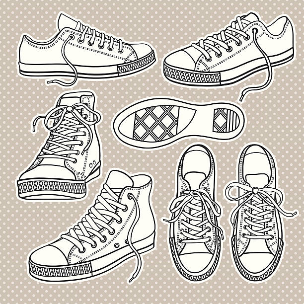 illustrazioni stock, clip art, cartoni animati e icone di tendenza di set di scarpe da ginnastica isolato - hide leather backgrounds isolated