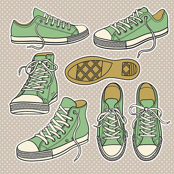 illustrazioni stock, clip art, cartoni animati e icone di tendenza di set di scarpe da ginnastica isolato - hide leather backgrounds isolated