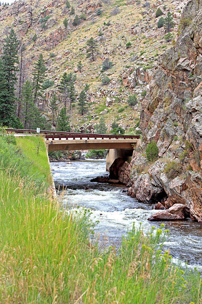 istock Bridge over the Poudre River which has white water rapids 505710014