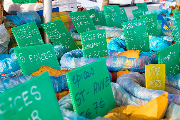 Market stall with several flavored spices bags with price tags, colorful.