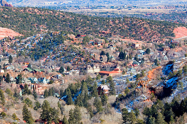 Manitou Springs, Colorado, USA - January 14, 2016: Beautiful Victorian Architecture of Manitou Springs near Colorado Highway 24 taken from the Barr Trail in wintertime.