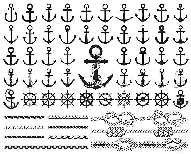 Set of anchors, rudders icons, and ropes. Vector illustration. Set of anchors, rudders icons, and ropes. Vector illustration. anchor vessel part stock illustrations