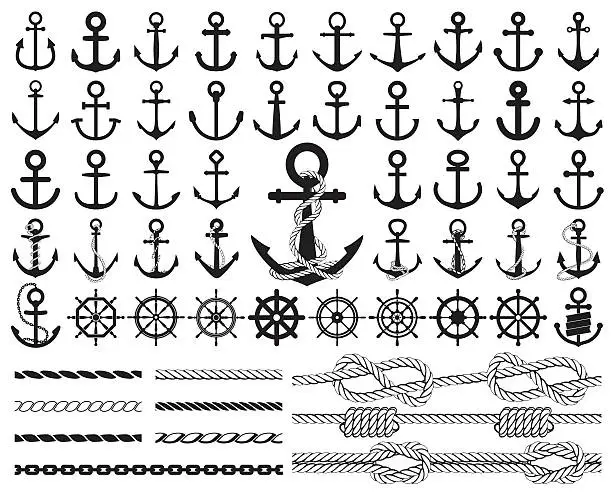 Vector illustration of Set of anchors, rudders icons, and ropes. Vector illustration.