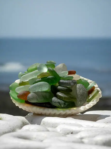 Green, blue and brown seaglass pearls in a shell with the ocean in the background