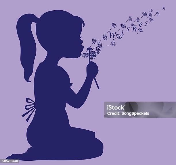 Girl Blowing Dandelion Seeds To Make A Wish Stock Illustration - Download Image Now - Dandelion, Child, Blowing