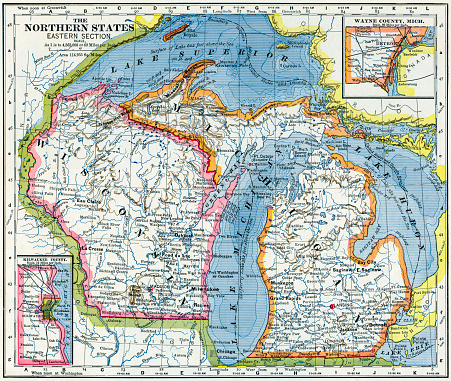 Map of Michigan and Wisconsin, USA from 1883.