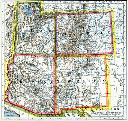 Map of New Mexico, Arizona, Colorado, and Utah from the Southwest United States.  From 1883.