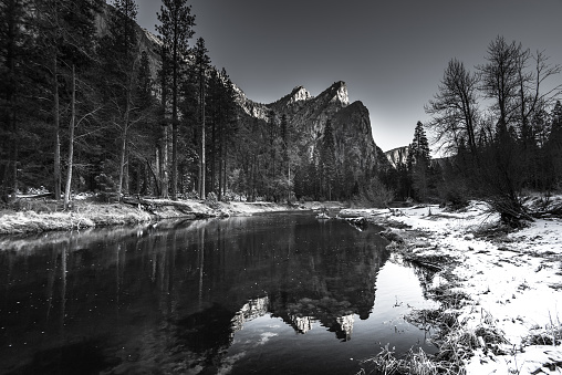 Reflection of Three brother, Yosemite National Park Black and White