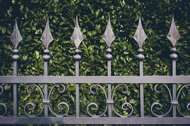 hierro valla con hojas de fondo verde - iron fence fotografías e imágenes de stock