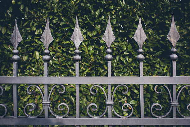 iron fence with green leaves background