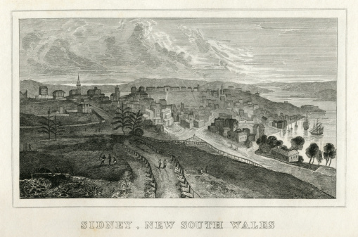 An early 19th century view of Sydney (here spelled ‘Sidney’), New South Wales, Australia, from “A System of Geography, Popular and Scientific, or A Physical, Political, and Statistical Account of the World and its Various Divisions. Volume VI, Part II” by James Bell and published by A. Fullarton & Co., Glasgow, in 1838.