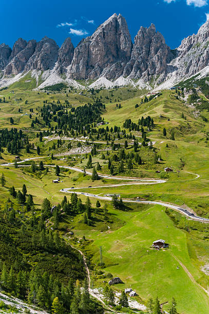 Dolomites landscape with mountain road. Italy Vertica view of Dolomites landscape with mountain road. Italy dolomites stock pictures, royalty-free photos & images