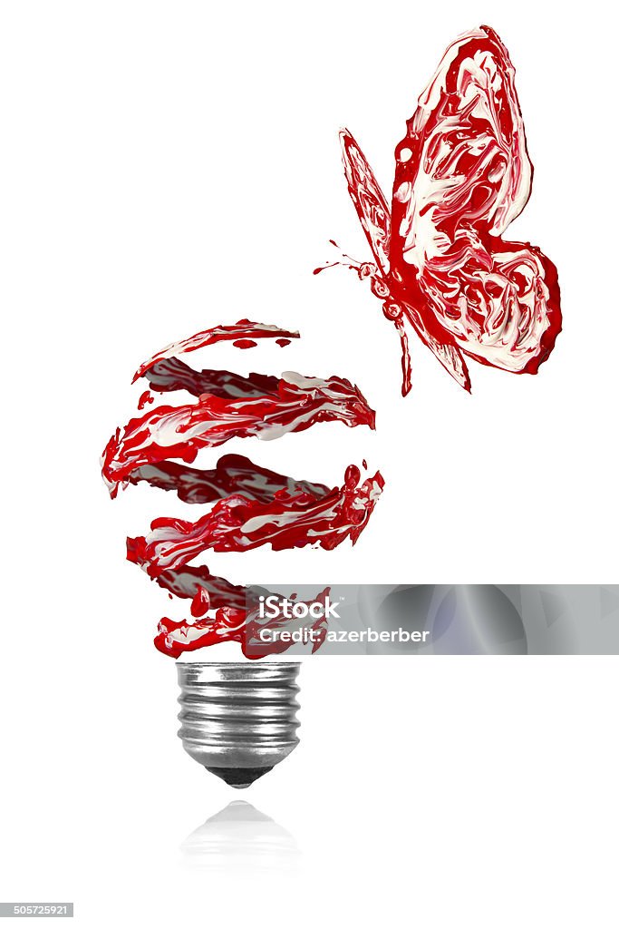 Red painted butterfly flying around red white light bulb Red painted butterfly flying around red white painted light bulb Butterfly - Insect Stock Photo