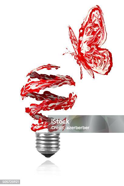Red Painted Butterfly Flying Around Red White Light Bulb Stock Photo - Download Image Now