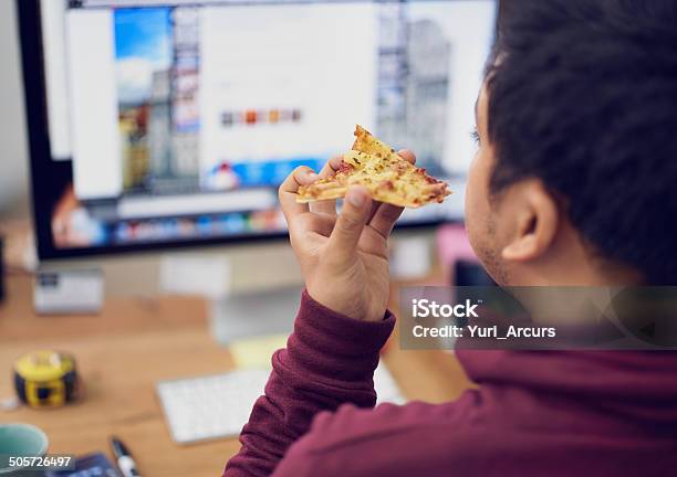 Pizza Browsing Stock Photo - Download Image Now - Eating, Desk, Working