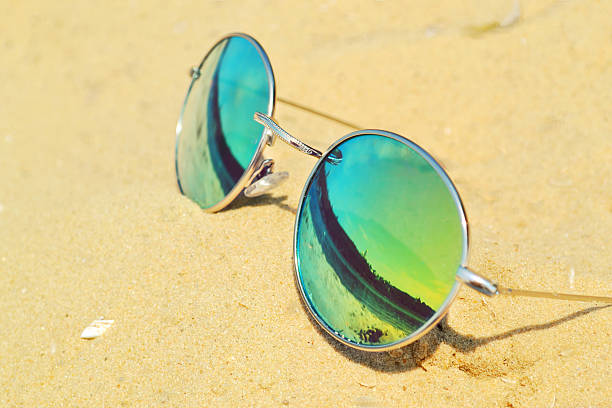 istock Mirrored sunglasses on sand with a reflection of the beach 505727213