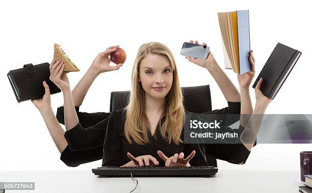 Busy Woman At Her Desk Stock Photo - Download Image Now - Multi-Tasking, One Woman Only, Women