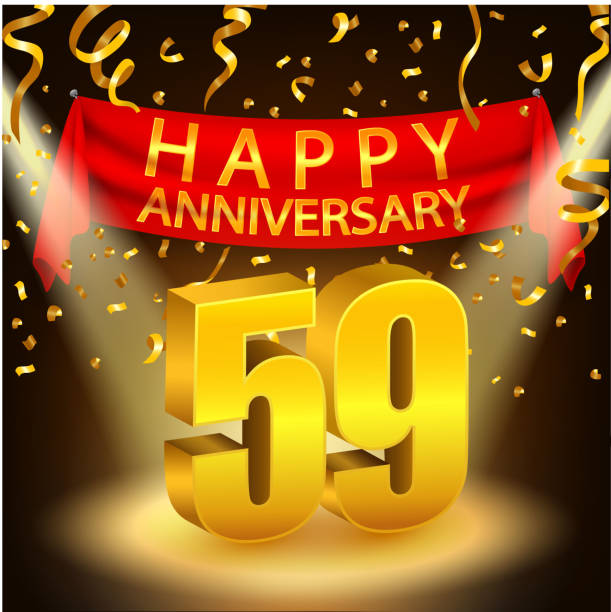 Happy 59th Anniversary celebration with golden confetti and spotlight Vector Illustration Of Happy 59th Anniversary celebration with golden confetti and spotlight accent nails stock illustrations