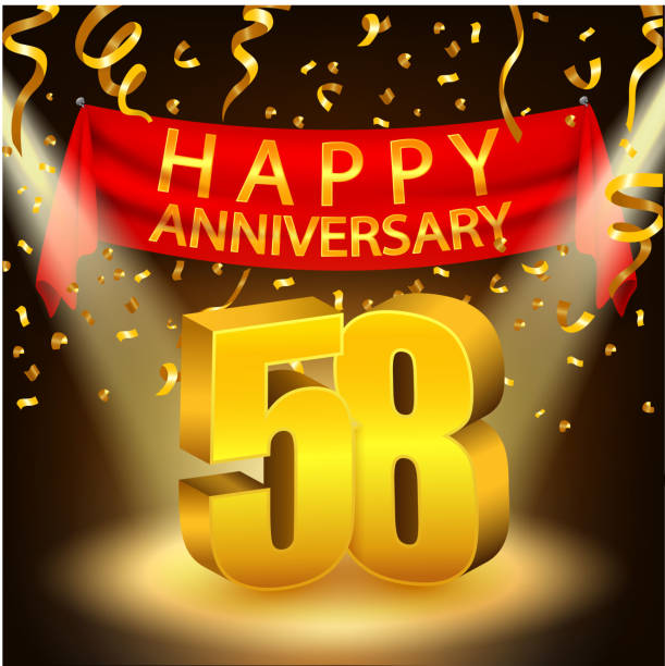 Happy 58th Anniversary celebration with golden confetti and spotlight Vector Illustration Of Happy 58th Anniversary celebration with golden confetti and spotlight number 58 stock illustrations