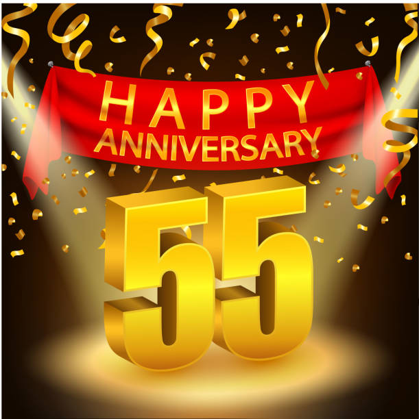 Happy 55th Anniversary celebration with golden confetti and spotlight Vector Illustration Of Happy 55th Anniversary celebration with golden confetti and spotlight accent nails stock illustrations