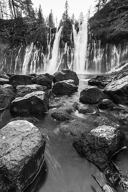 McArthur-Burney Falls in Northern California Mc Aurthur Burney falls in the Mt Sastha Region, Black and White burney falls stock pictures, royalty-free photos & images